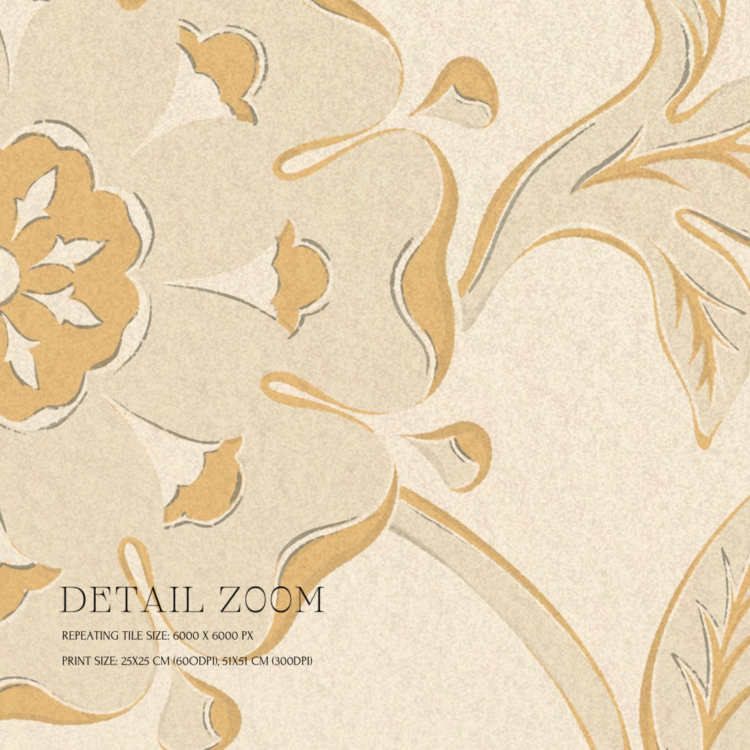 Close-up of decorative floral pattern with gold accents on a beige background