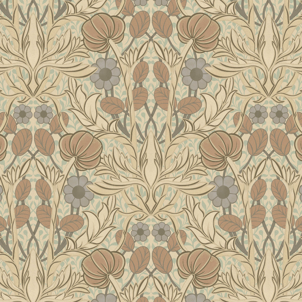Decorative wallpaper with floral and leaf pattern in brown and gray on a beige background