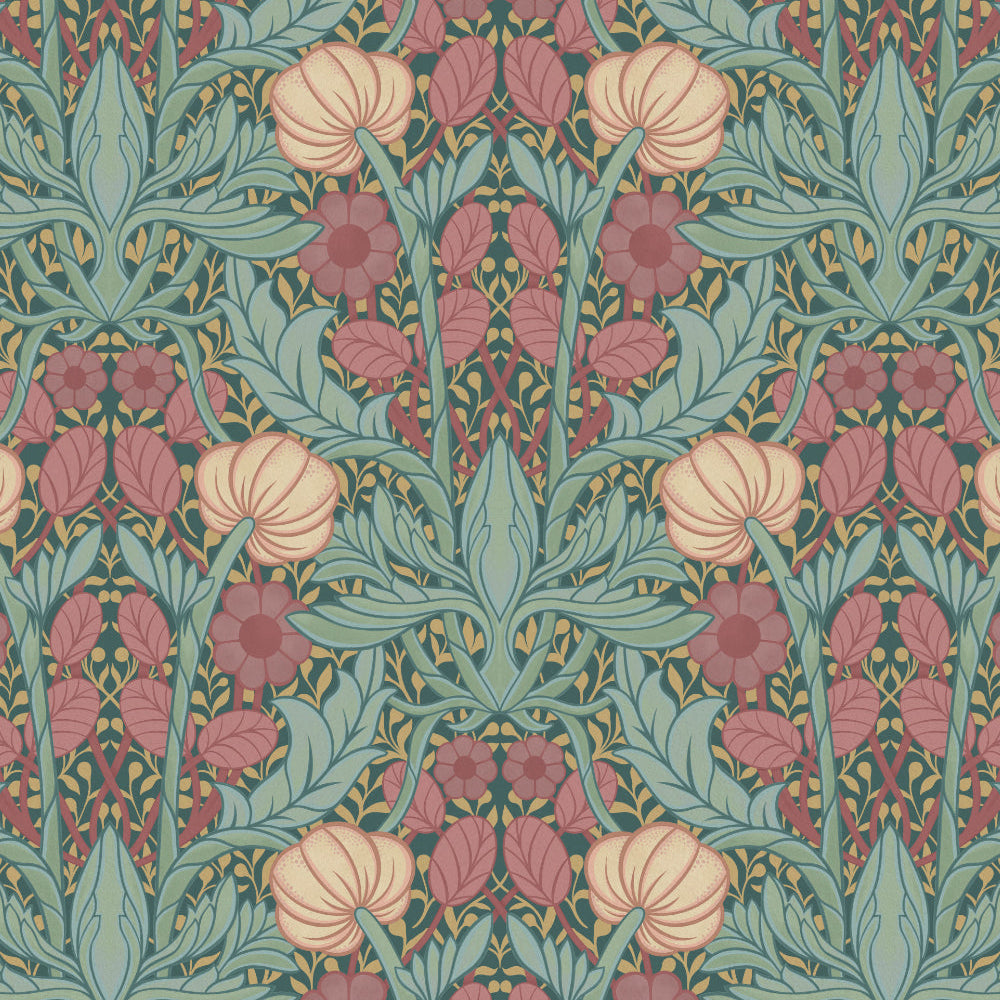 Decorative pattern with flowers and leaves in pink and green on a textured background