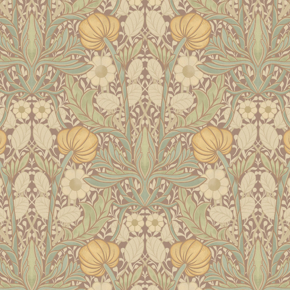 Decorative pattern with yellow flowers and green leaves on a brown background