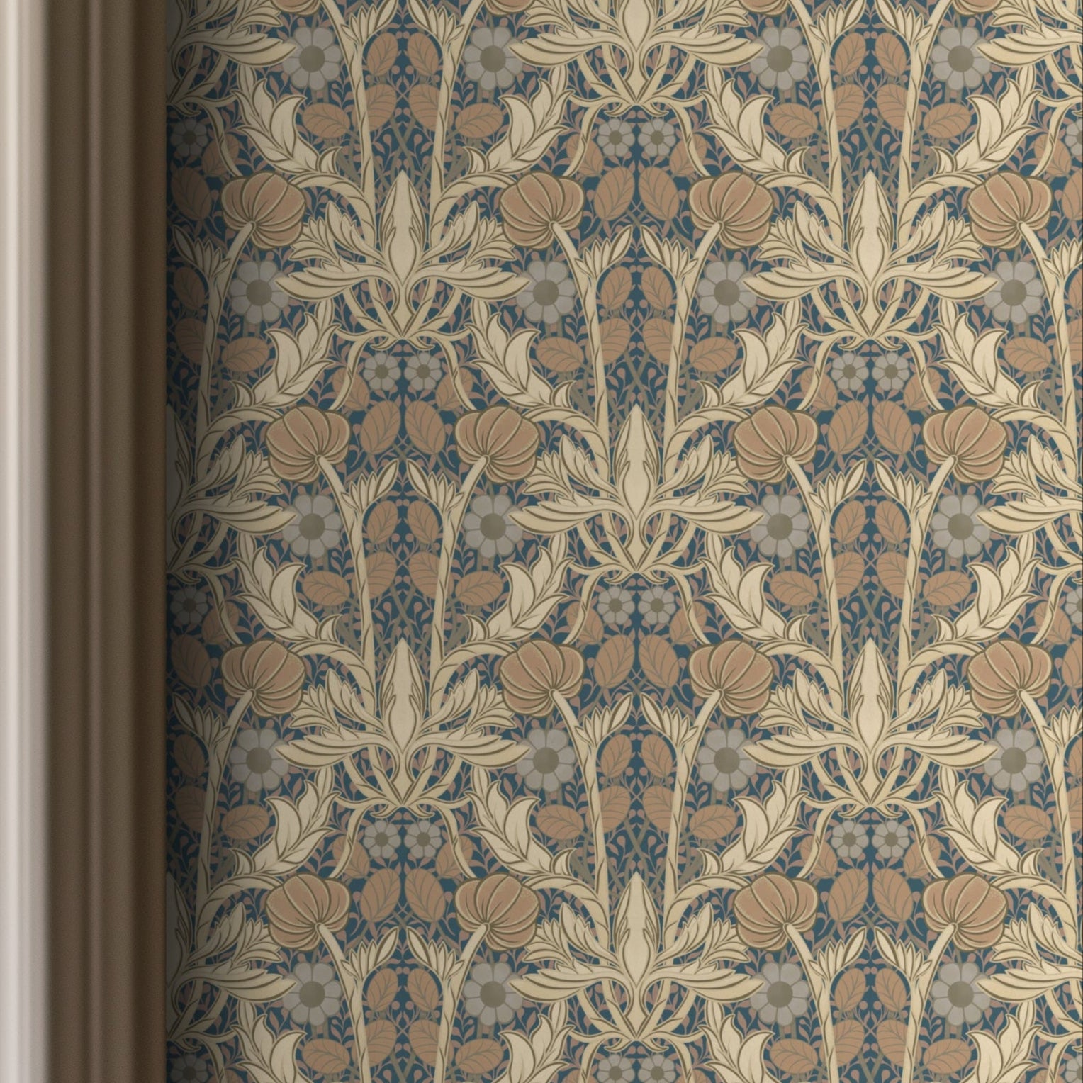 Decorative wallpaper with intricate pattern on a neutral wall.