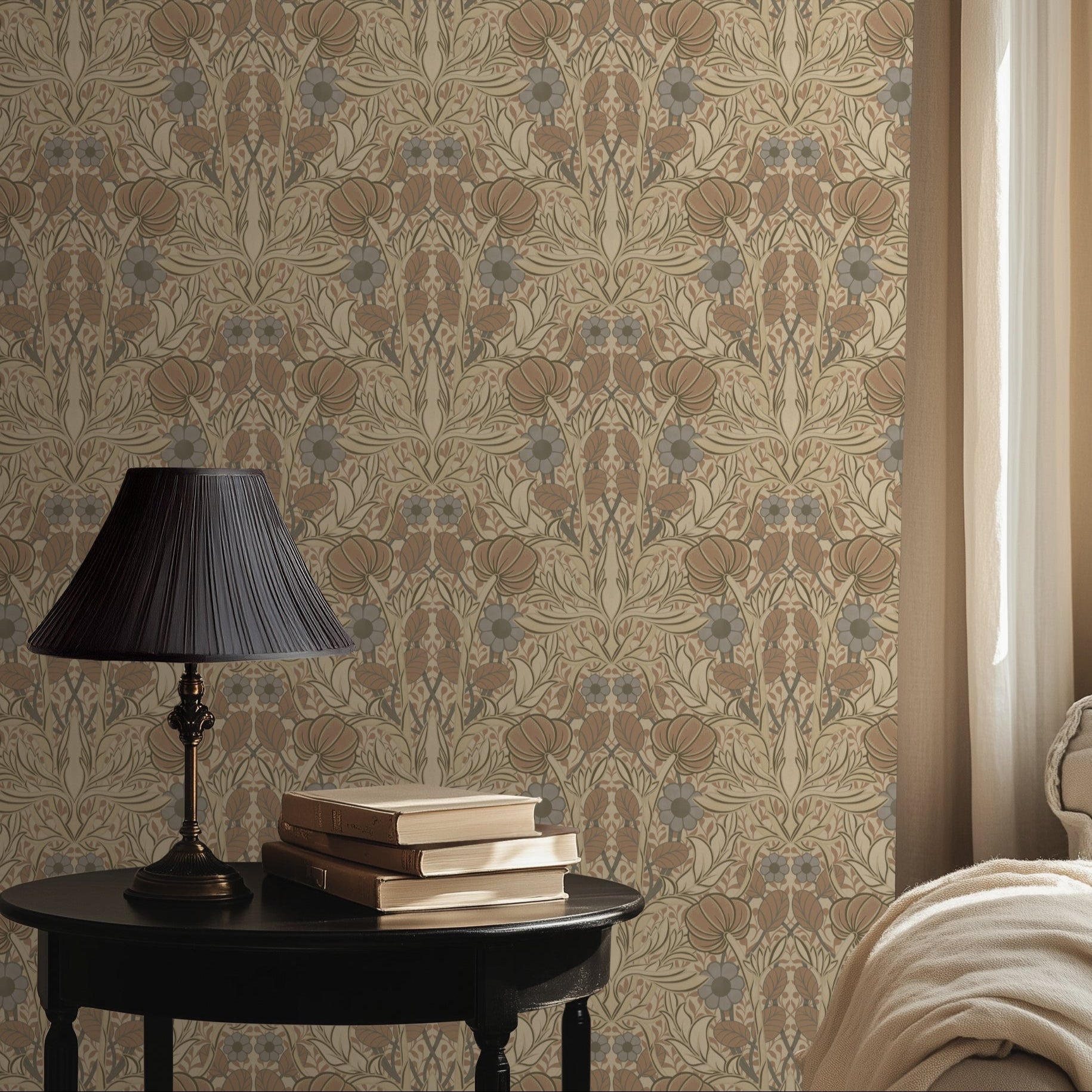 Decorative wallpaper with a floral pattern, books on a table, and a lamp.