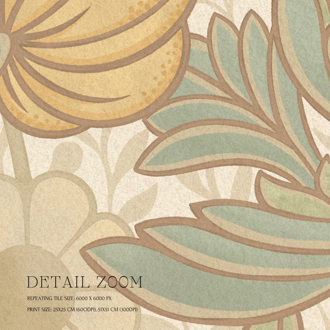 Close-up of decorative wallpaper with leaf patterns in beige, green, and brown.