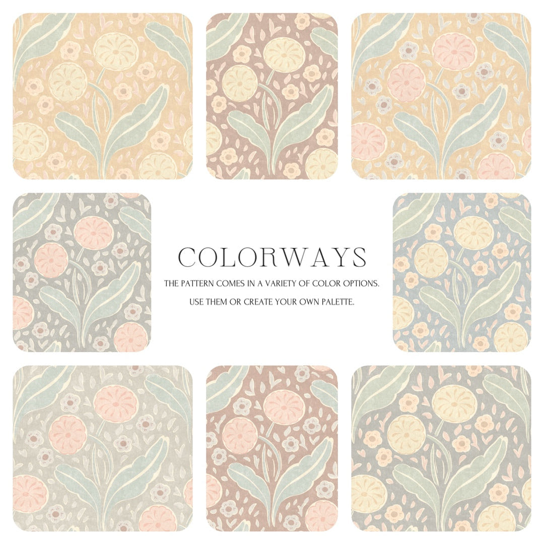 Set of floral-patterned coasters with 'Colorways' text on a white background