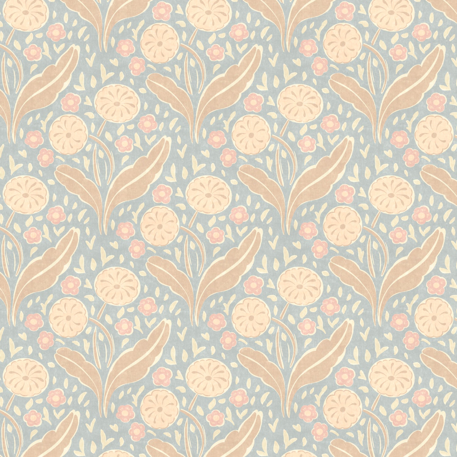 Pattern of beige leaves and flowers on a light blue background