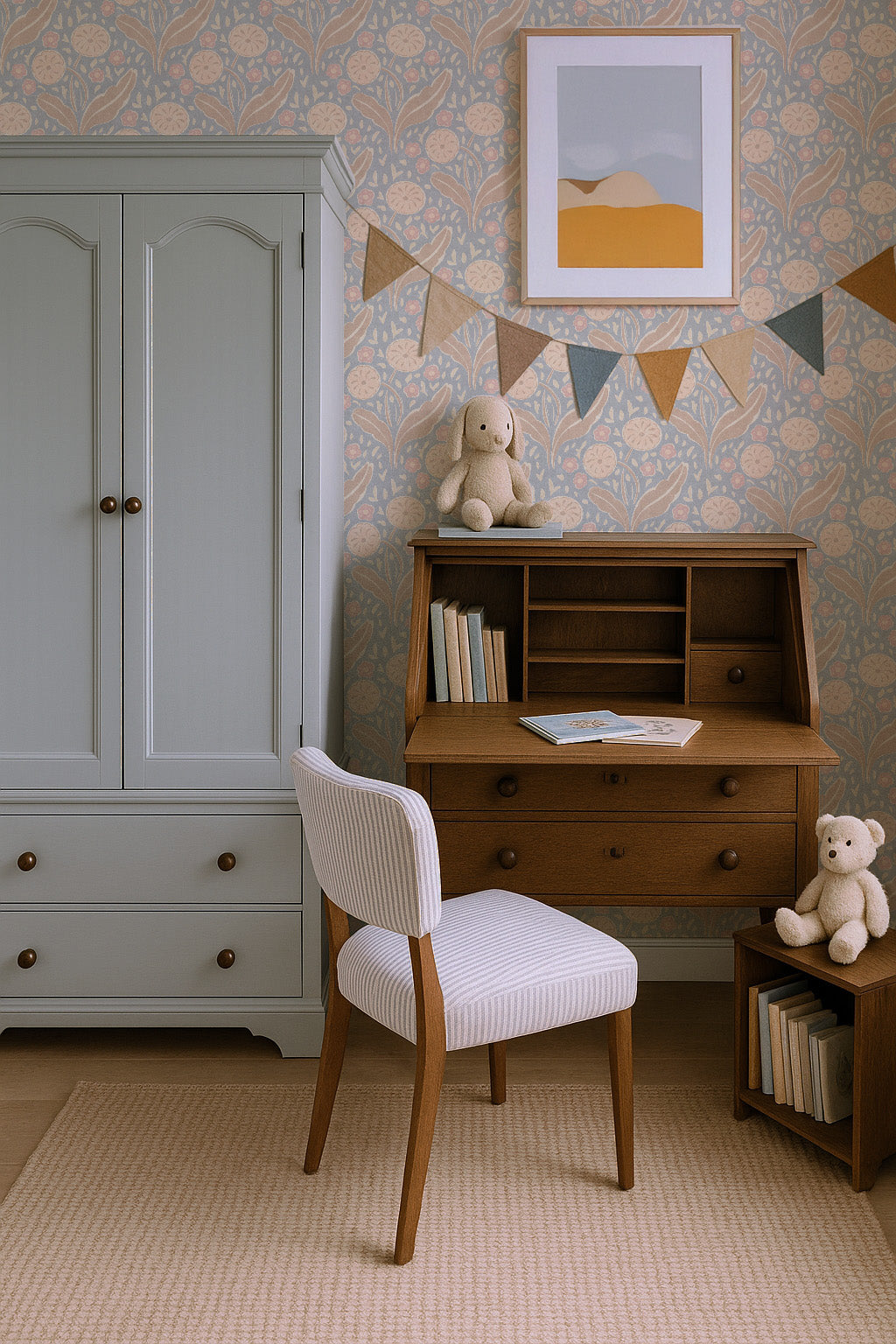 Children's room with wooden desk, chair, and teddy bears against a patterned wall.