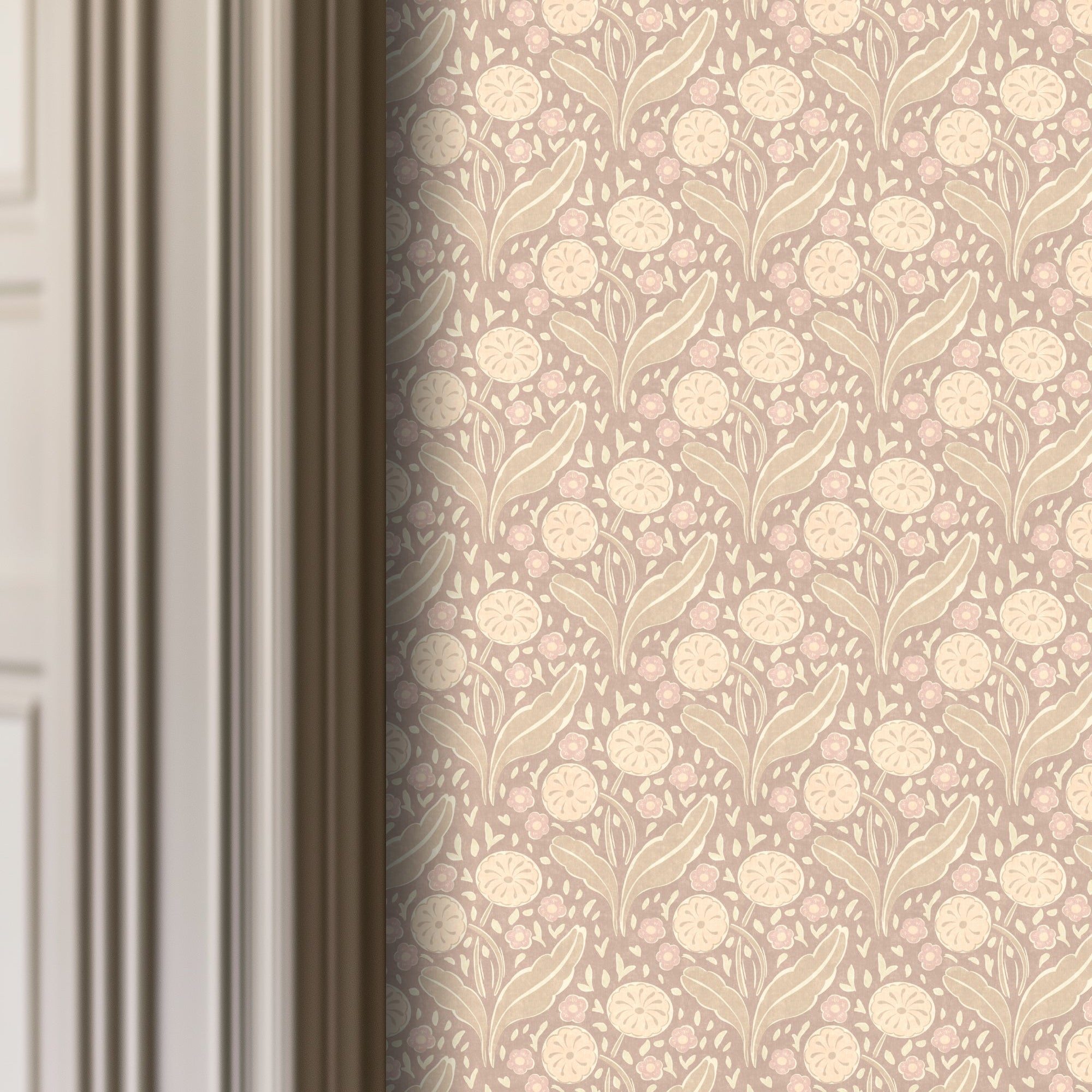 Floral wallpaper with a decorative border on a neutral background