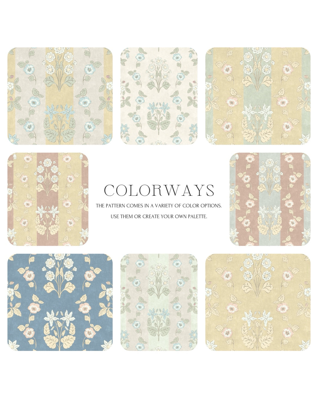 Set of floral pattern swatches in various colors with 'Colorways' text.