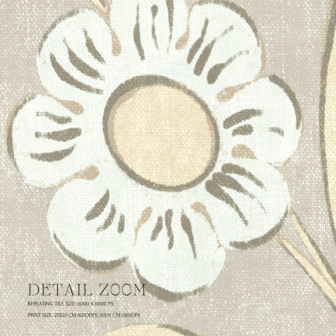 Close-up of a floral design on fabric with a neutral color palette.