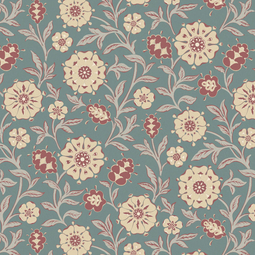 Floral pattern with red and beige flowers on a teal background