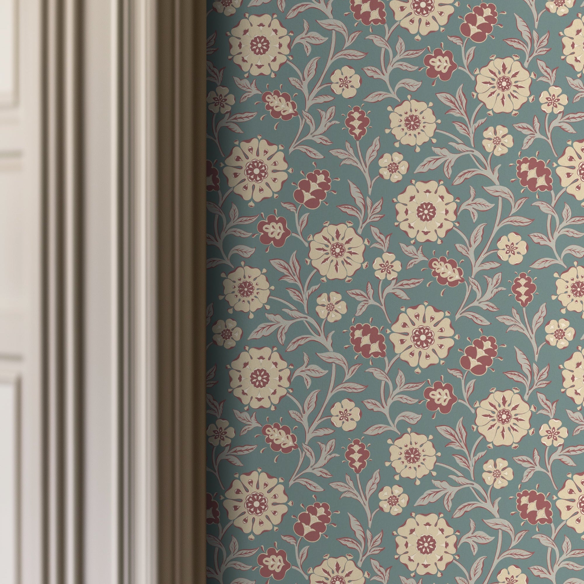 Floral wallpaper with red and beige flowers on a blue background