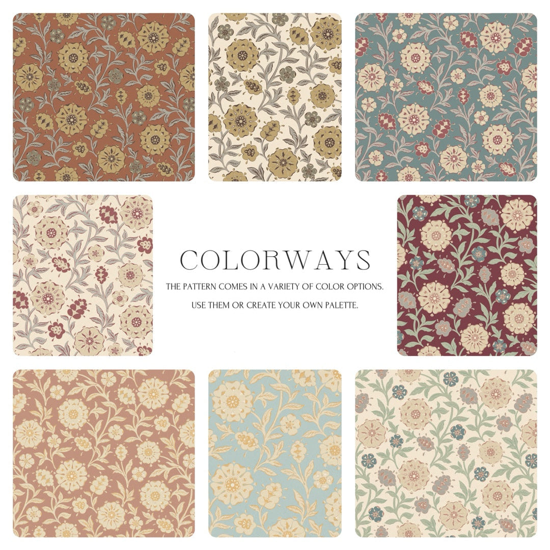 Collection of floral pattern swatches in various colors with 'Colorways' text.
