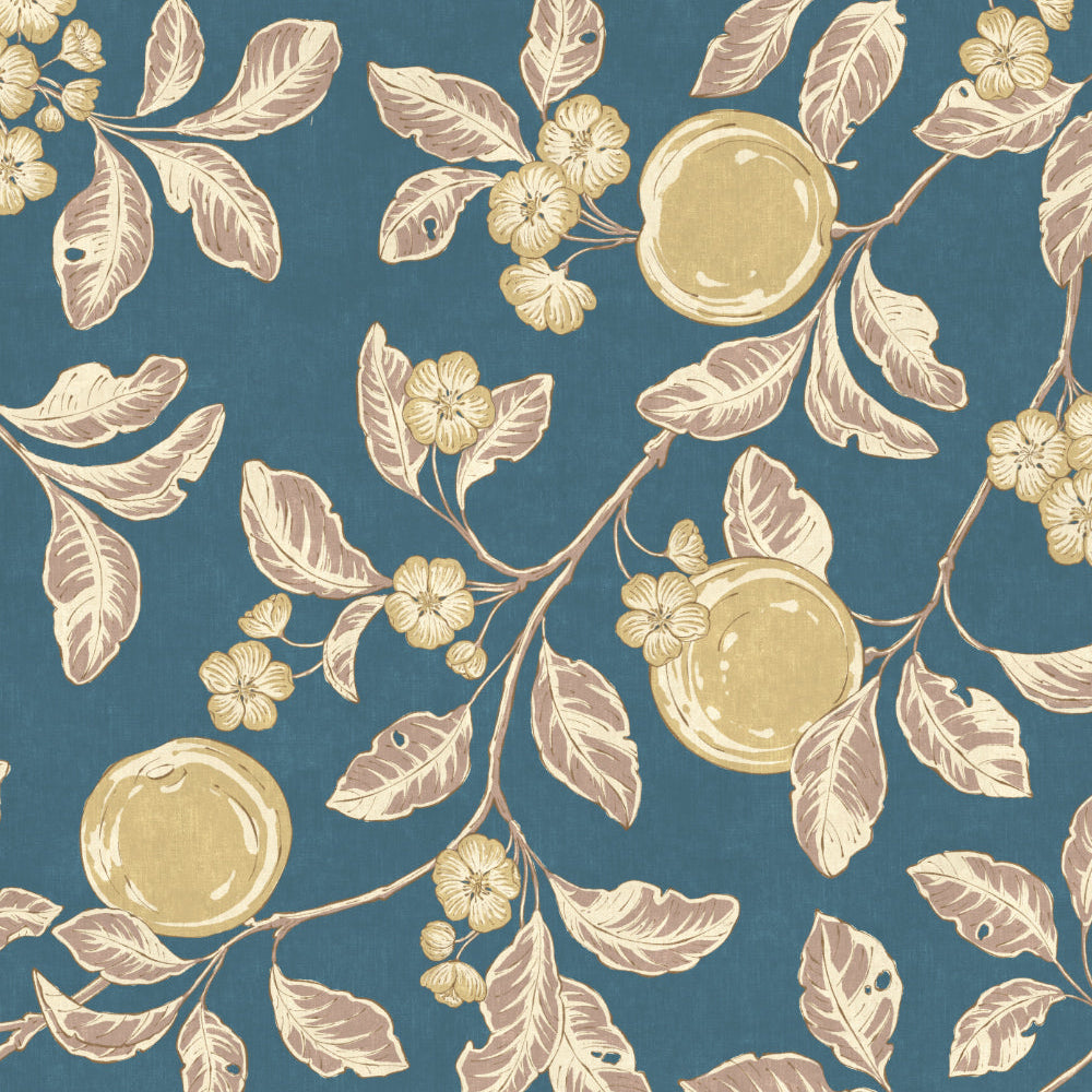 Floral pattern with leaves and fruits on a blue background