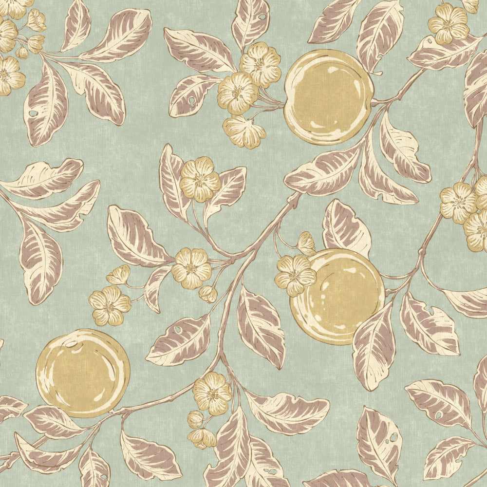 Floral pattern with leaves and fruits on a light blue background