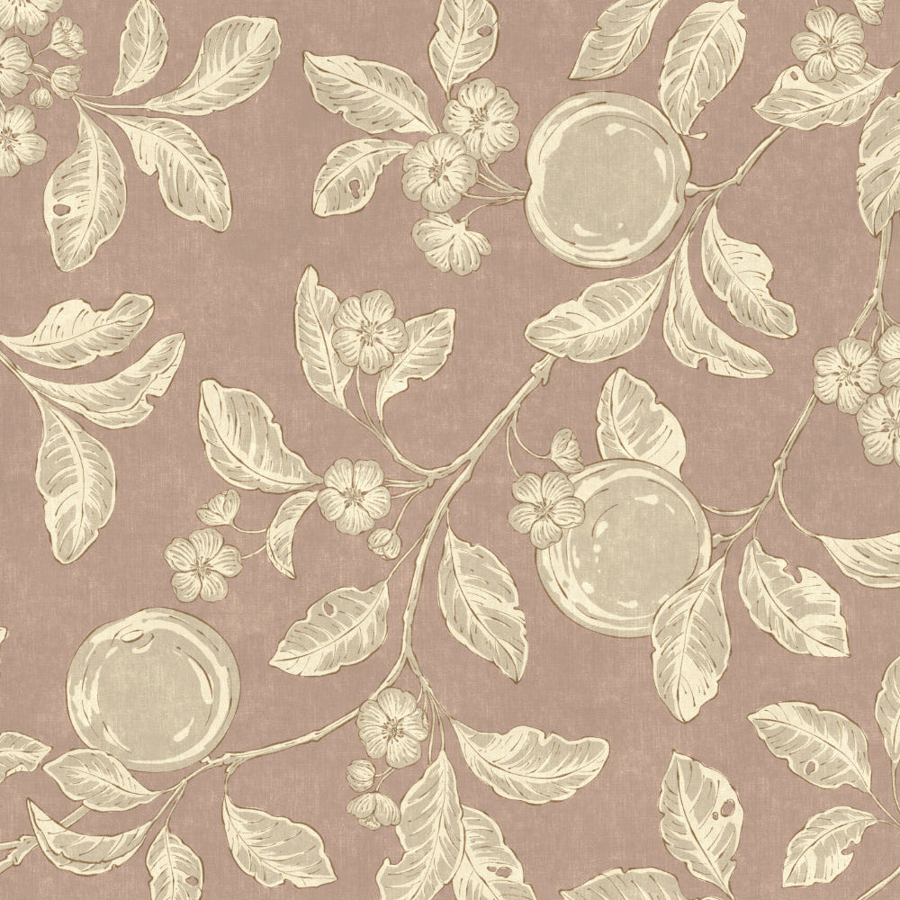 Pattern of peaches and leaves on a brown background