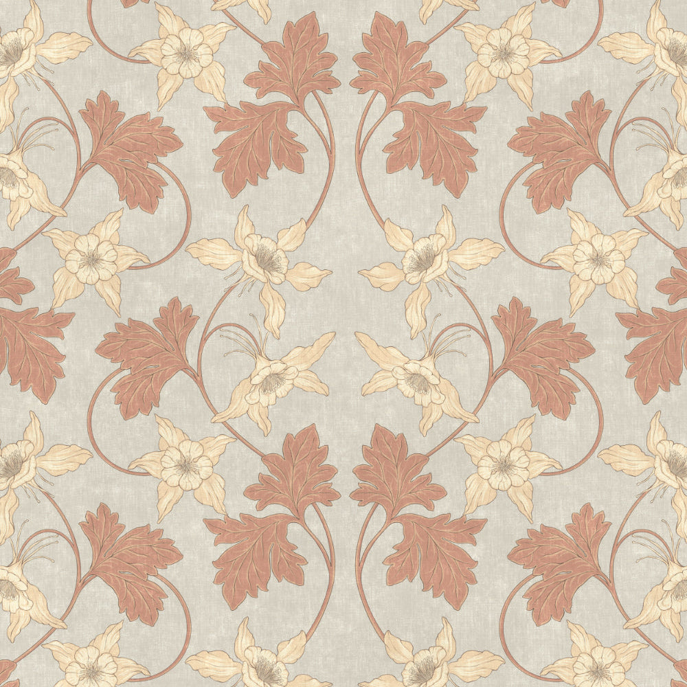 Decorative wallpaper with floral and leaf pattern on a light background