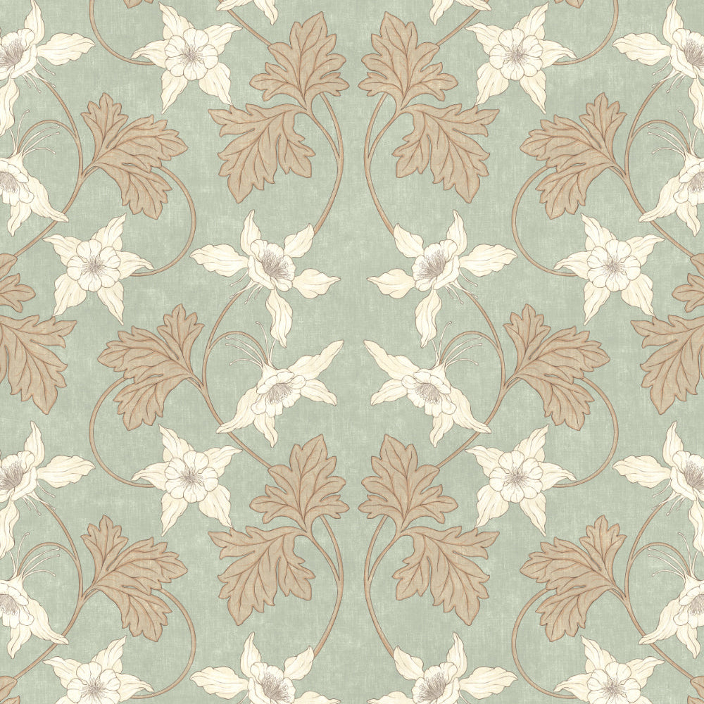 Pattern of white flowers and brown leaves on a light blue background