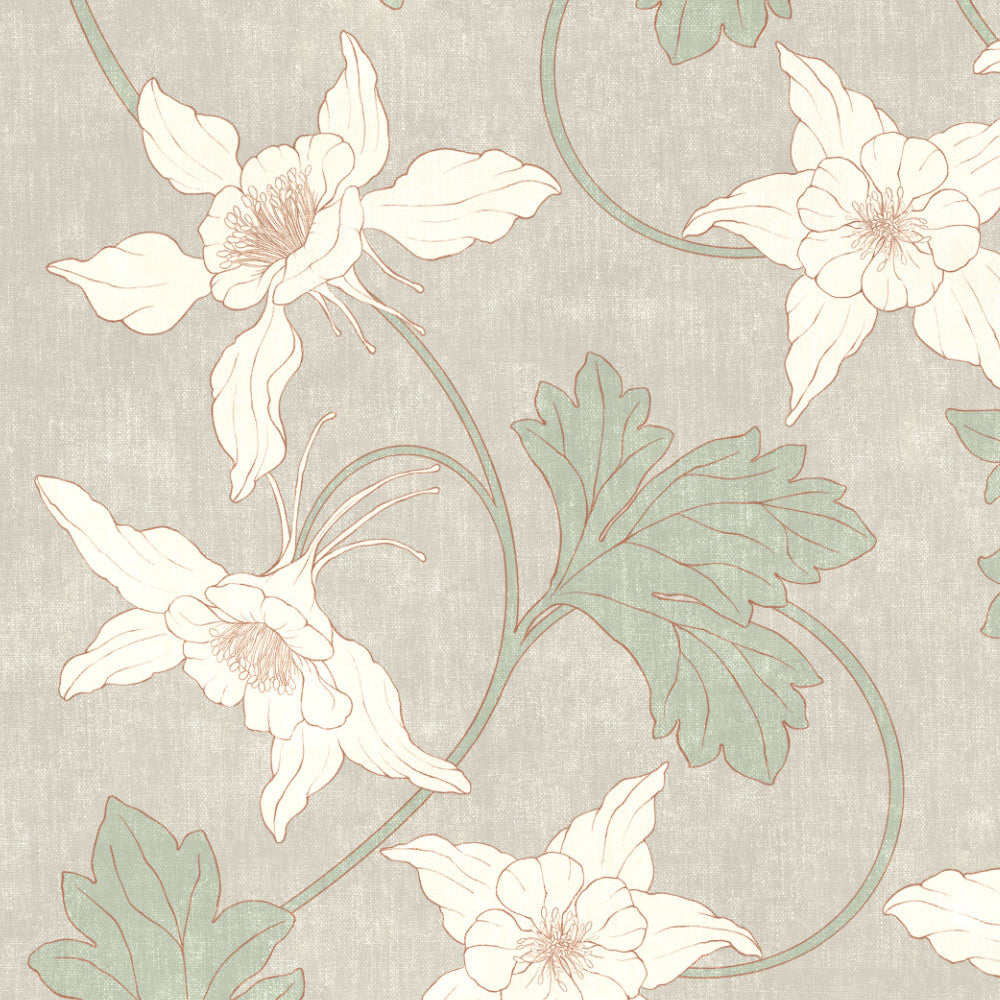 Floral pattern with white flowers and green leaves on a light gray background