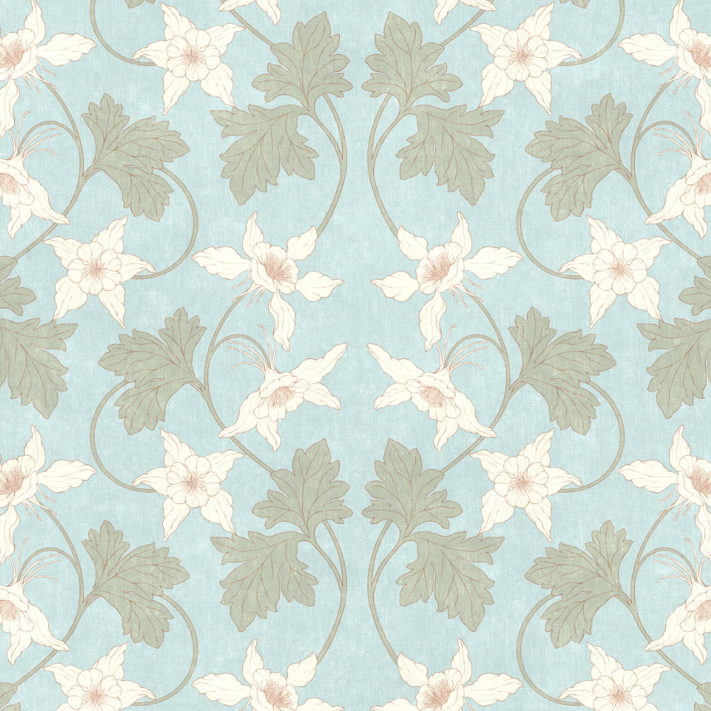 Floral pattern with white flowers and green leaves on a light blue background