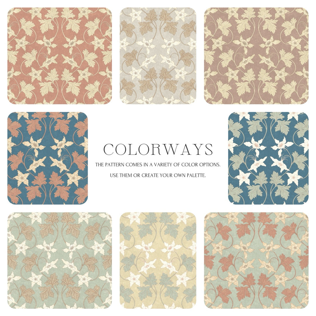 Set of floral pattern swatches with colorway text on a white background
