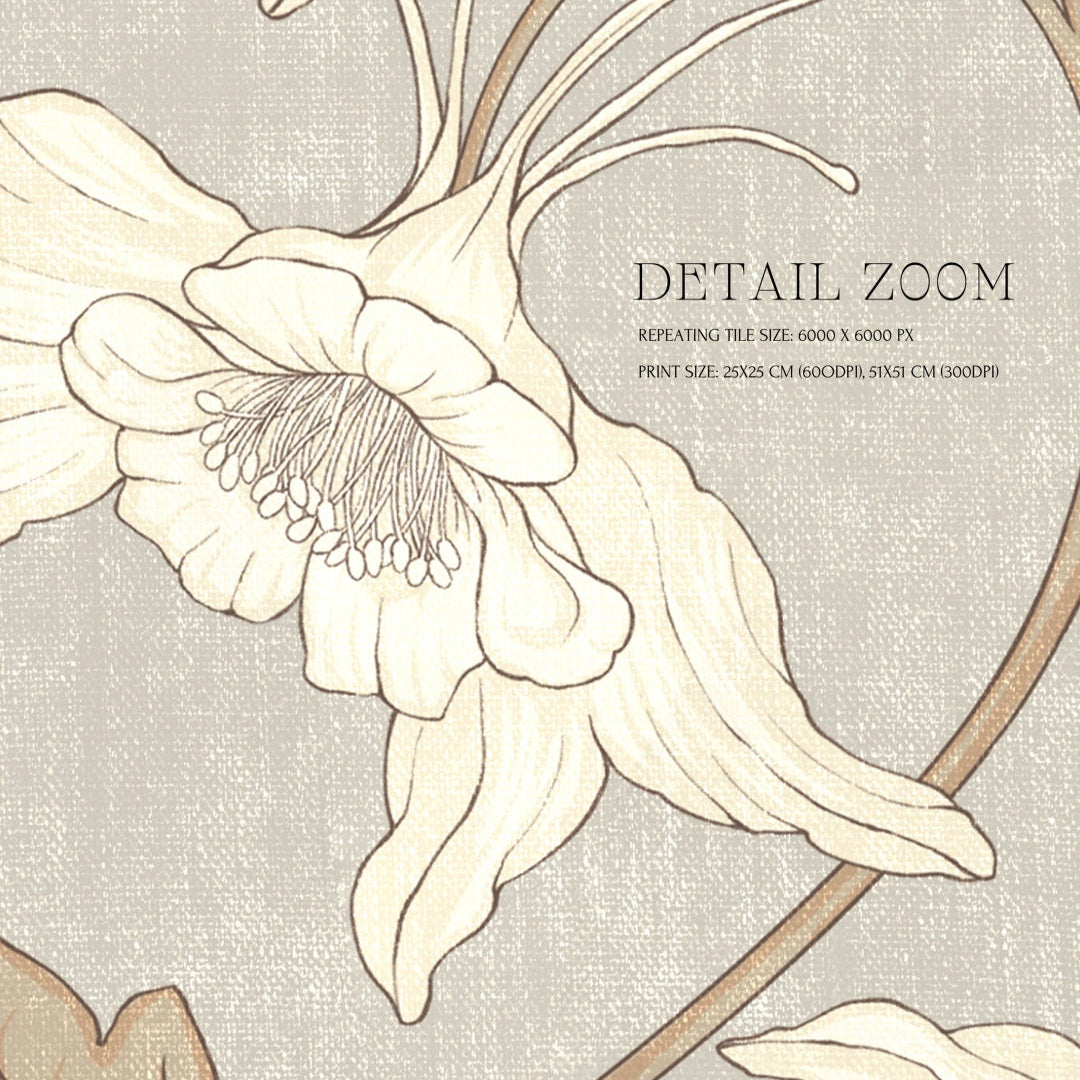 Close-up of a floral design with text indicating 'Detail Zoom' and 'Repeating Tile Size'.