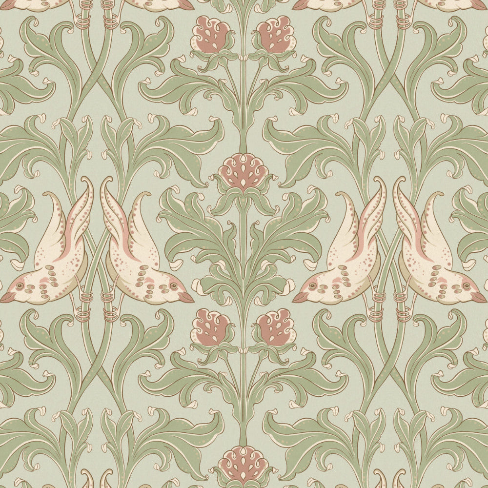 Decorative pattern with birds and floral elements on a light green background