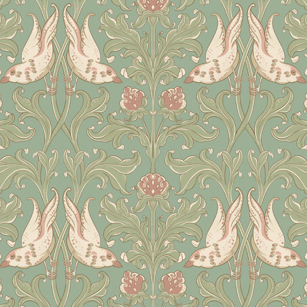 Decorative wallpaper with floral and leaf patterns on a teal background
