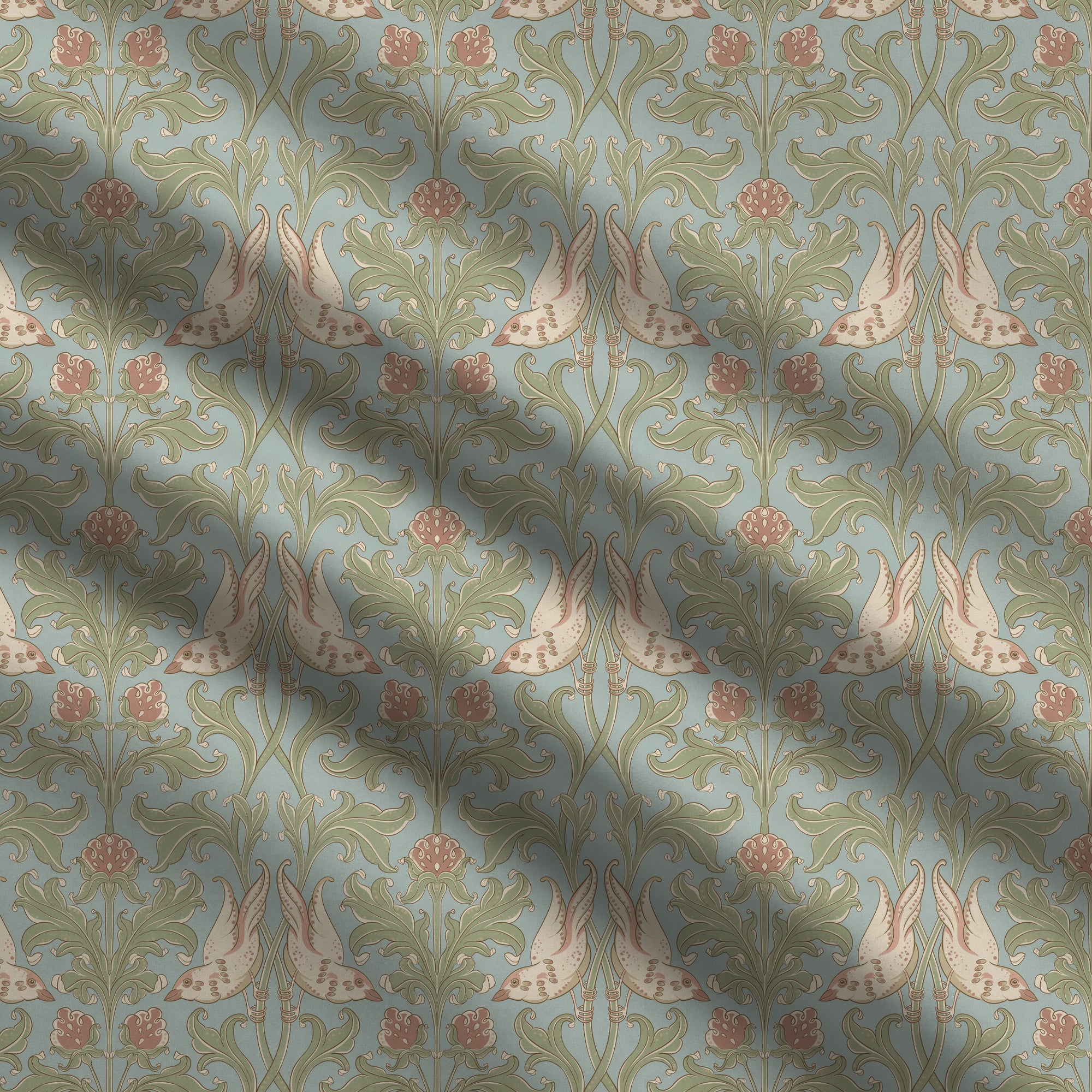 Patterned fabric with floral and leaf design on a blue background