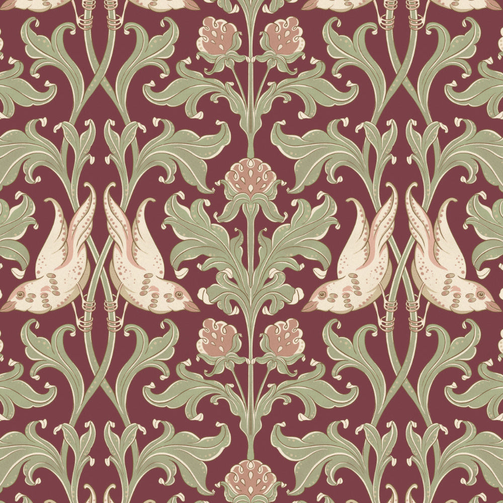 Decorative wallpaper with a floral pattern on a maroon background