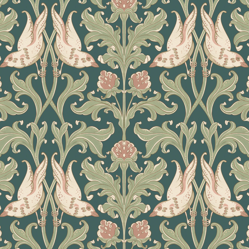 Decorative pattern with floral and leaf designs on a teal background