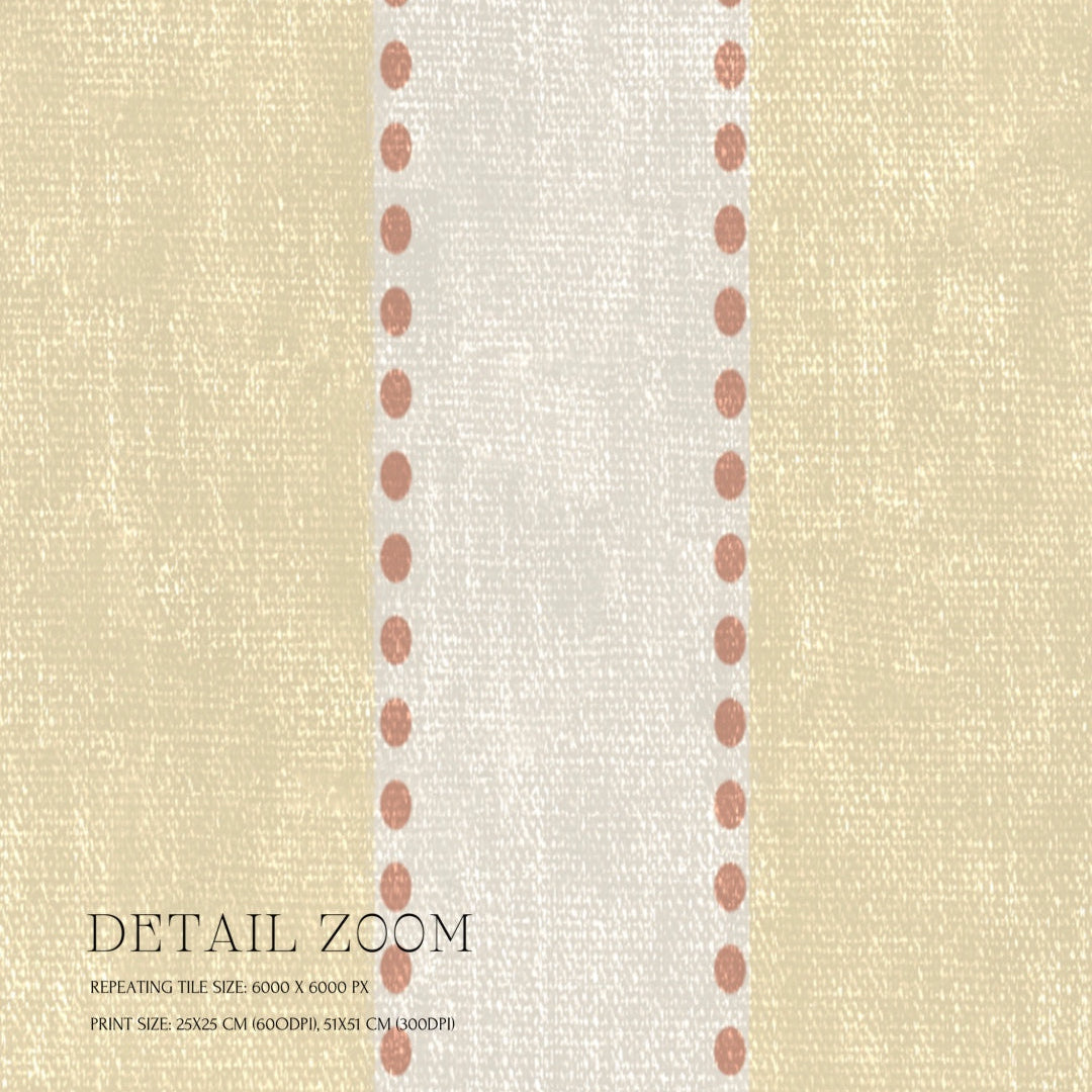 Textured fabric pattern with a border of pink dots on a beige background