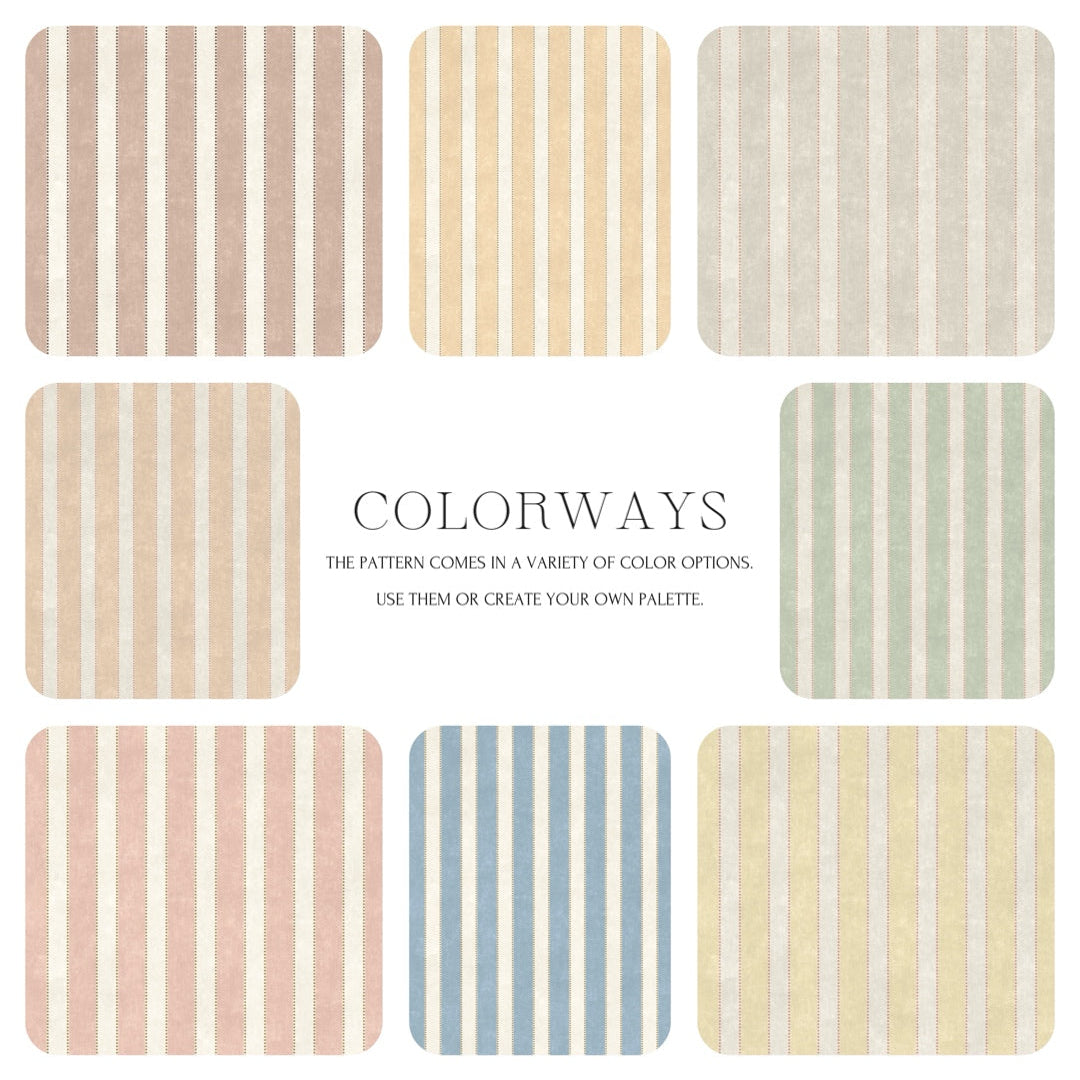 Set of striped pattern swatches in various colors on a white background with 'Colorways' text.