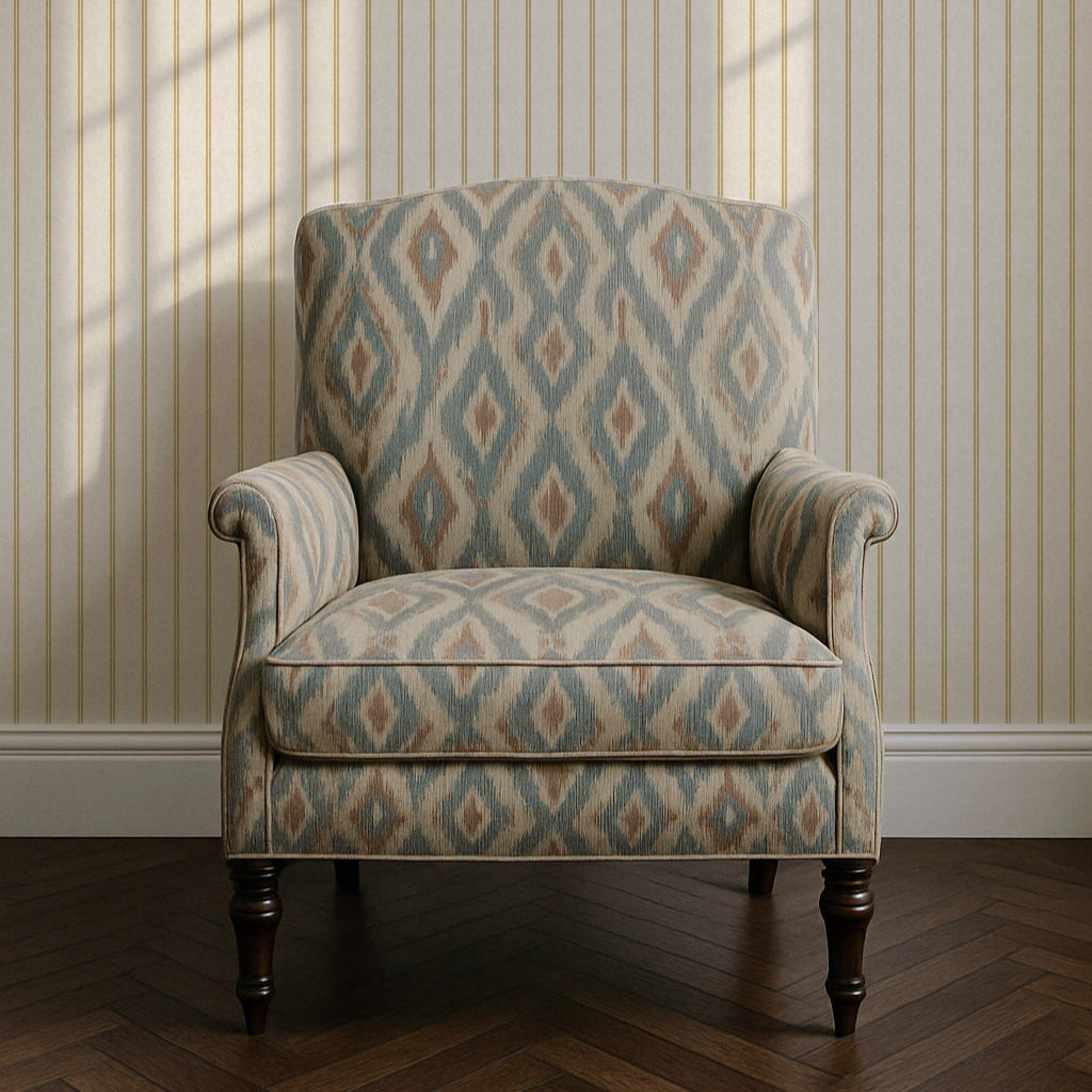 Patterned armchair against a striped wall with sunlight casting shadows.