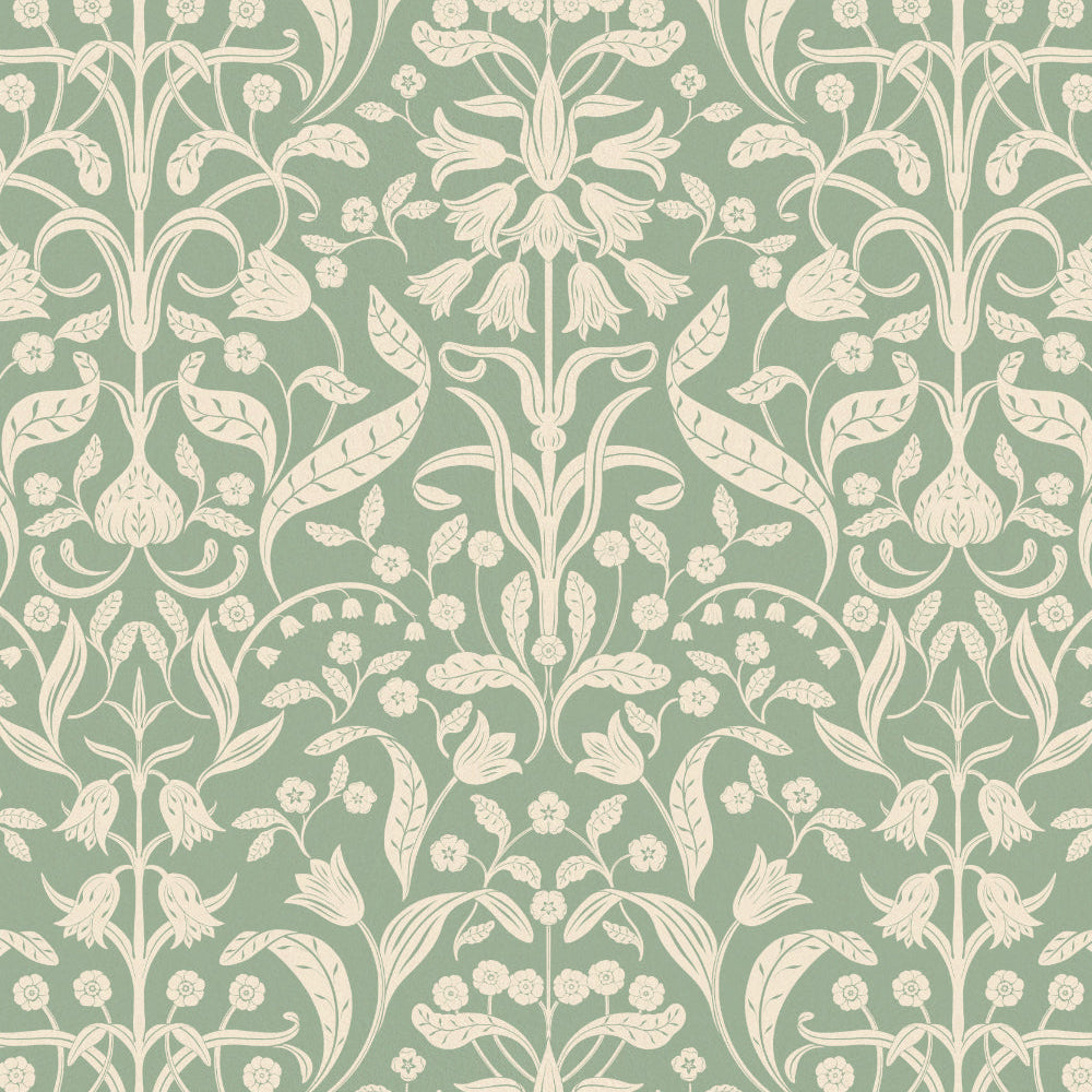 Decorative floral pattern with beige flowers on a green background