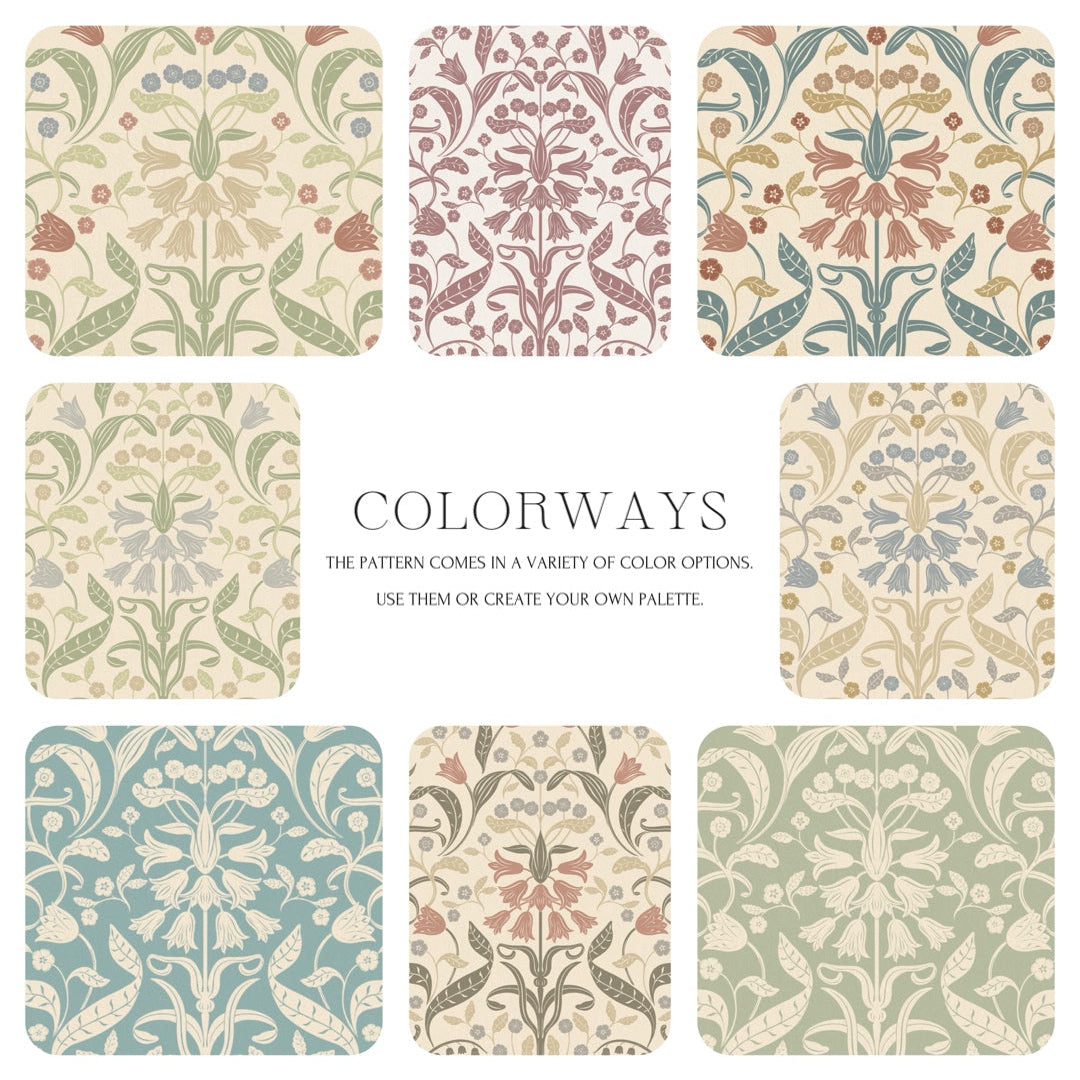 Set of floral patterned tiles with 'Colorways' text on a white background