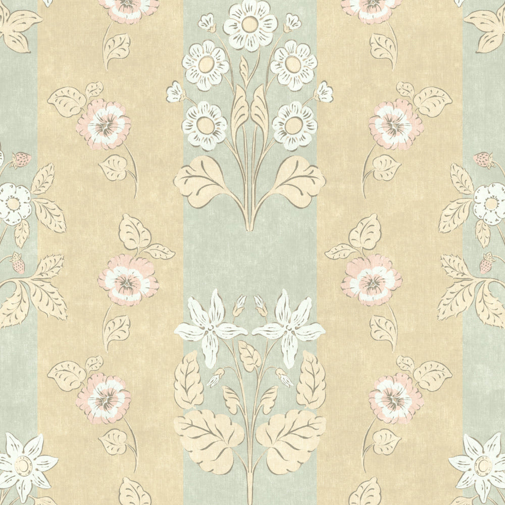 Floral patterned wallpaper with vertical stripes on a beige and light blue background