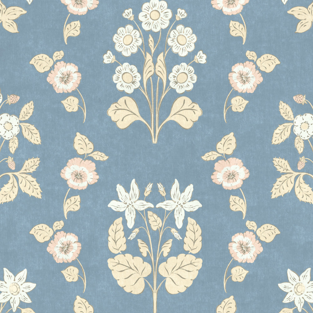 Floral pattern with pink and beige flowers on a blue background