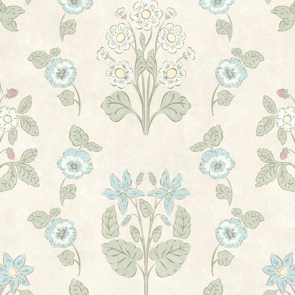 Floral pattern with blue and green flowers on a light background