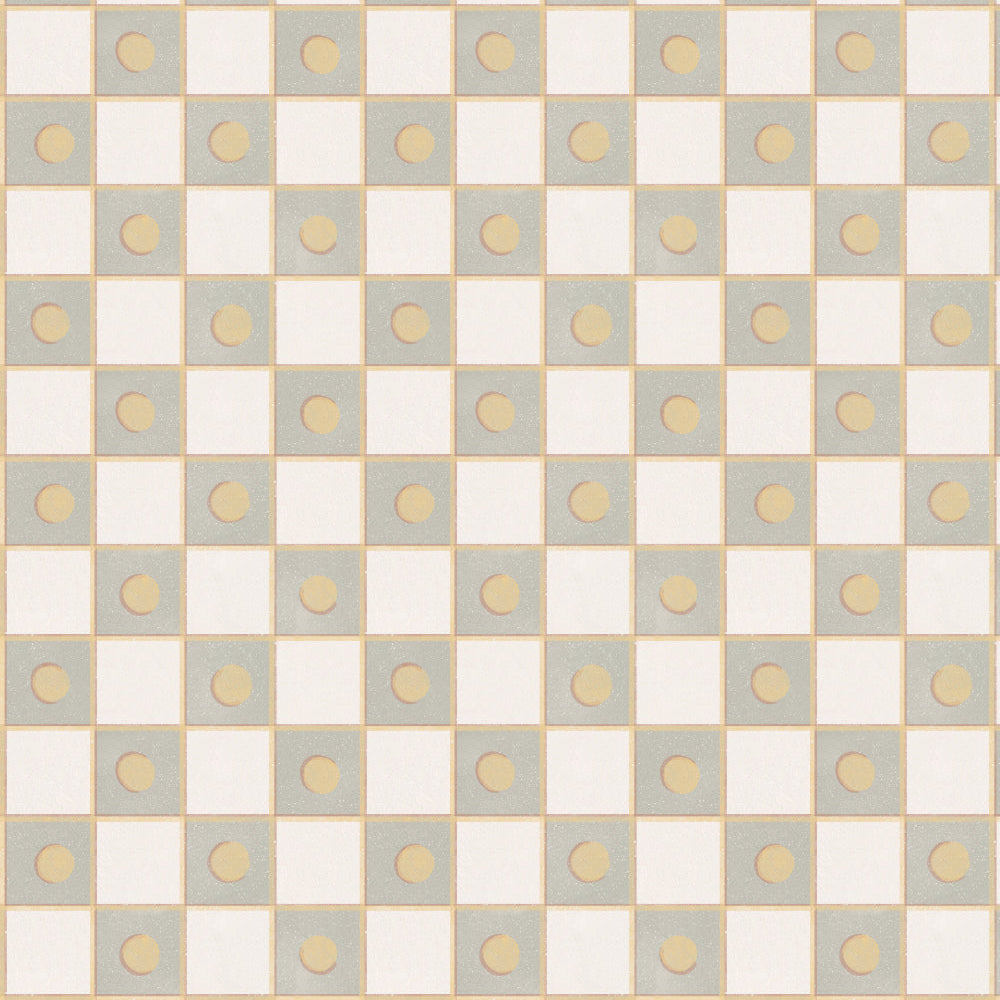 Patterned paper with a geometric design of squares and circles in gray, white, and gold.