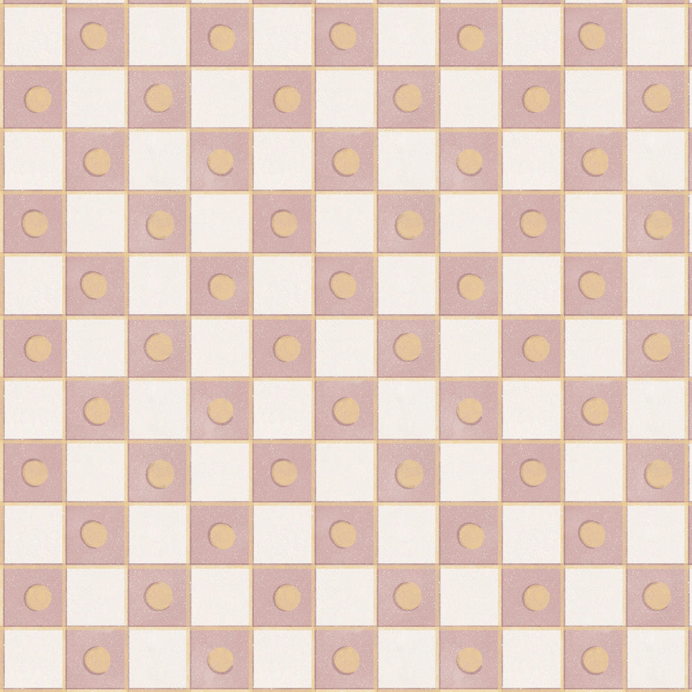 Checkered pattern with pink and white squares and gold circles