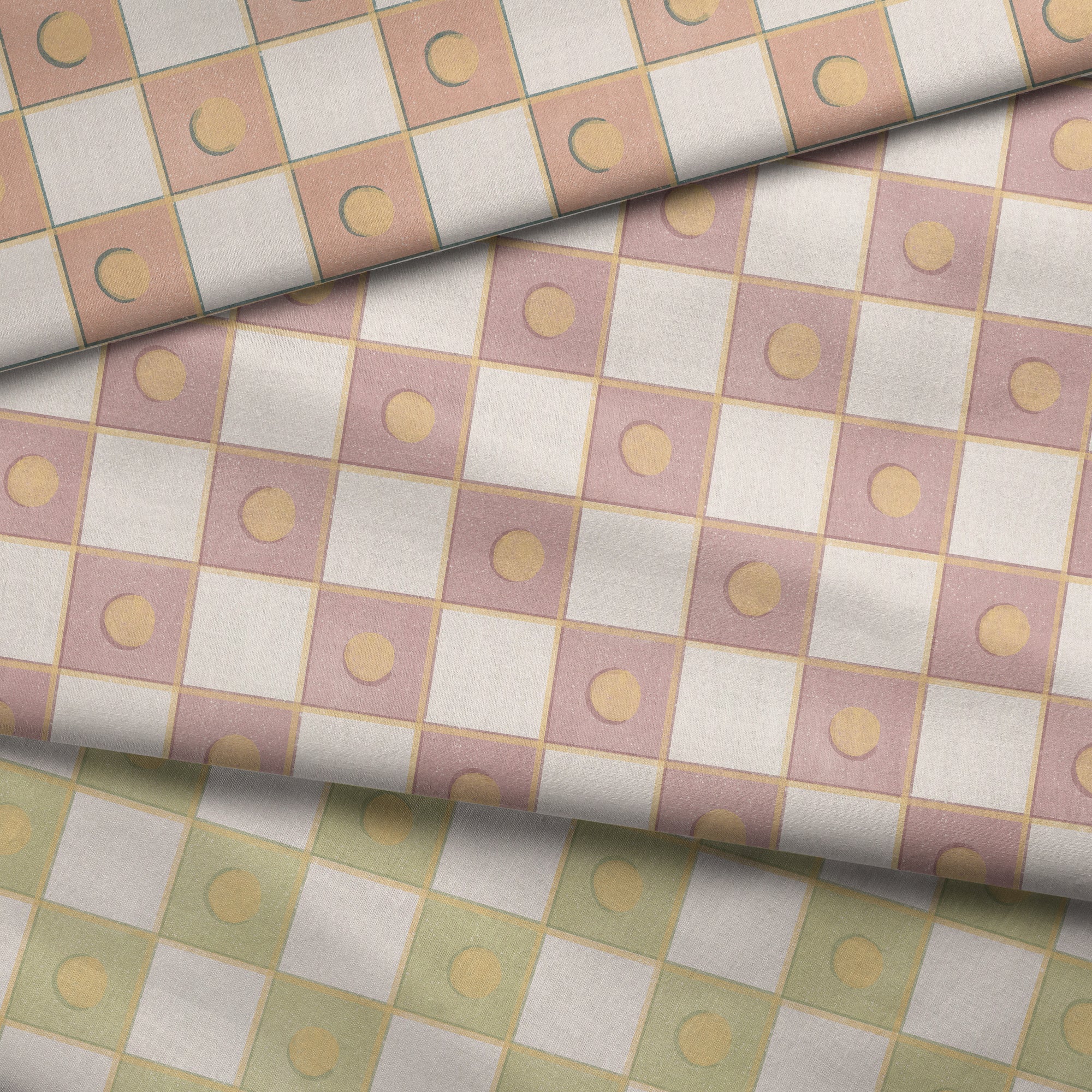 Checkered fabric with pink and green squares and yellow dots
