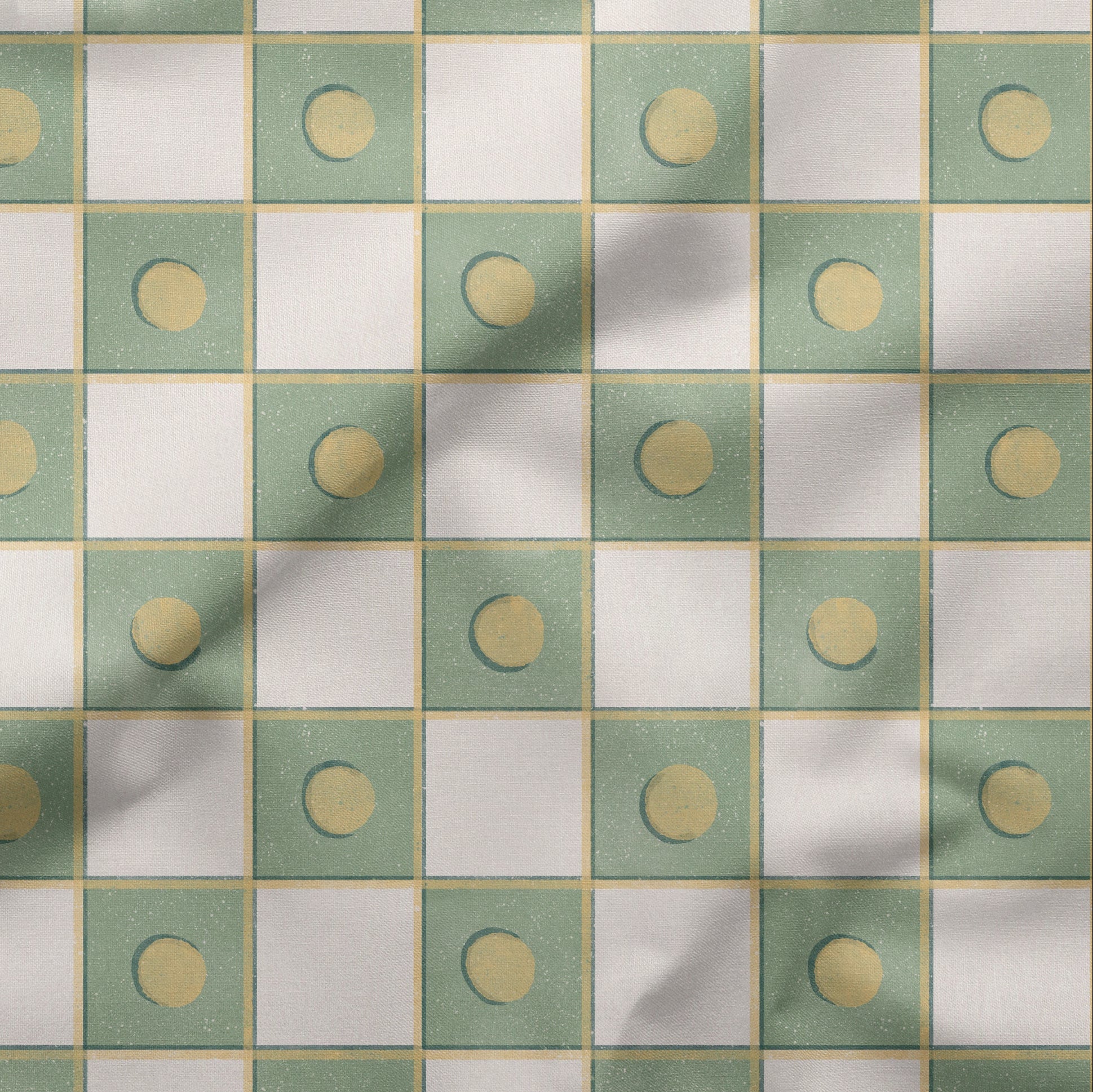 Checkered pattern with green and white squares and gold circles