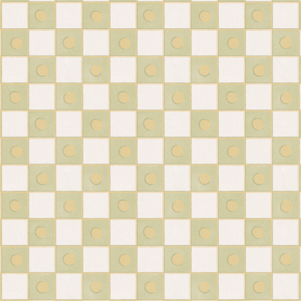 Checkered pattern with green and white squares and small circles on a green background