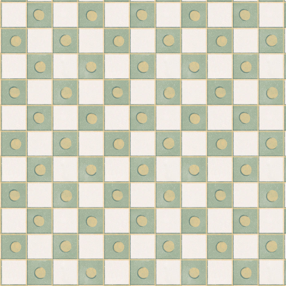 Checkered pattern with green and white squares and yellow dots