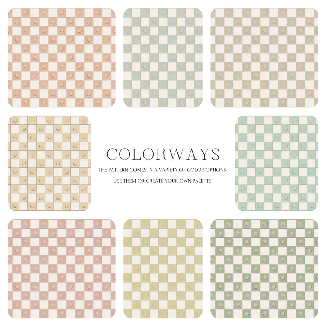 Set of checkered pattern swatches in various colors with text about colorways.