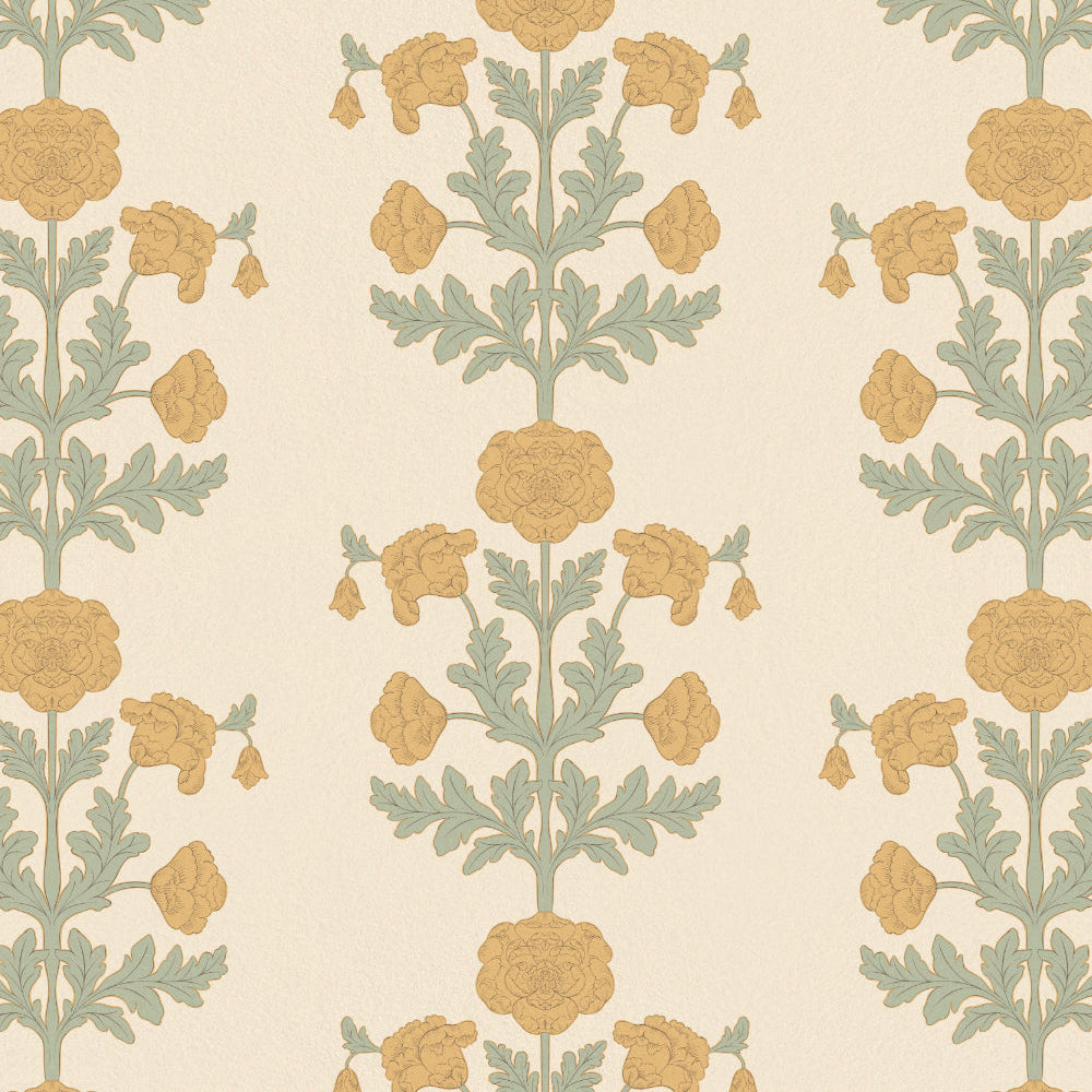 Patterned wallpaper with yellow flowers and green leaves on a beige background