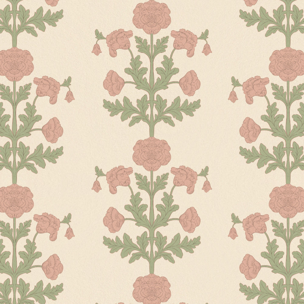 Pattern of pink flowers and green leaves on a beige background