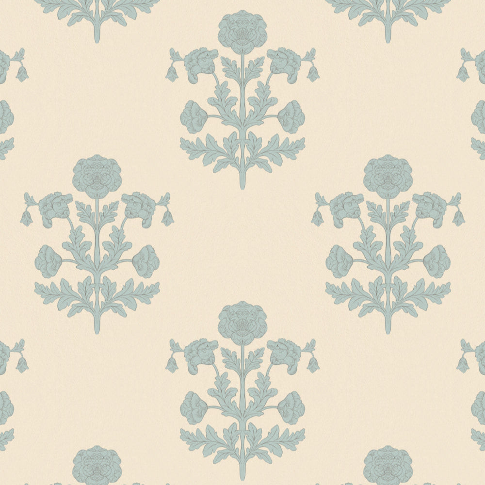 Patterned wallpaper with blue floral design on a beige background