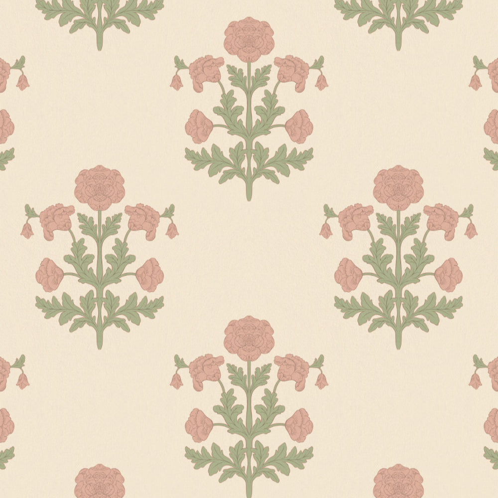 Pattern of pink flowers with green leaves on a beige background
