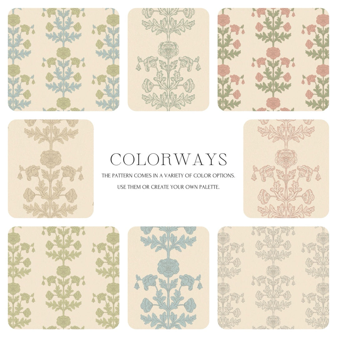 Set of floral patterned cards with 'Colorways' text on a white background